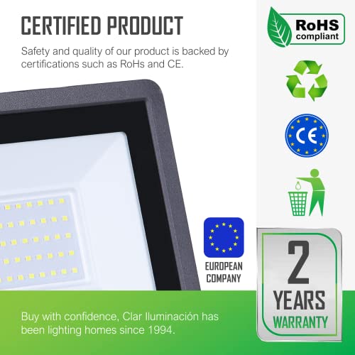 Clar - Faretto Led Bianco Freddo 50 W, Lampada Da Parete Da Giardino Per Garage, Faretto Bianco Freddo, Faretto Per Alberi Da Esterno 6000 K (Confezione Da 5) - 3