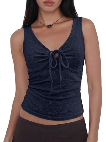 EMMIOL Womens V Neck Ribbed Crop Tank Tops Sleeveless Ruched Going Out Y2K Sexy Top Summer Outfits