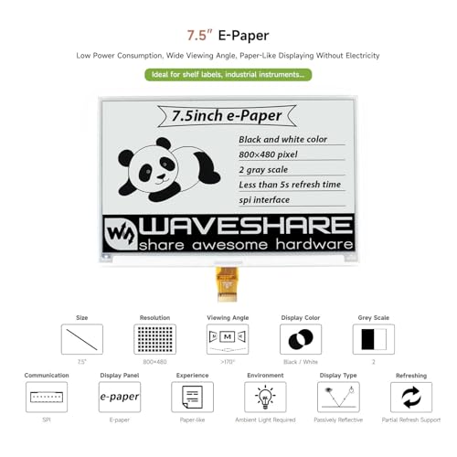 Image of Waveshare 7.5inch E-Ink Raw Display Compatible with Raspberry Pi 5 /4B /3B /Zero /Zero W /Zero 2W /Pico /Pico W /Pico WH 800x480 Resolution with SPI Interface Without PCB