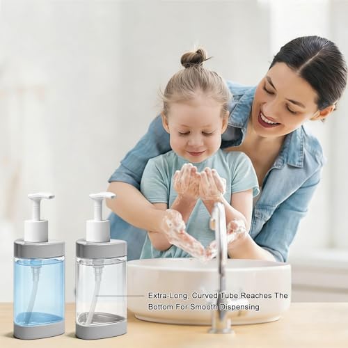 Image of Plastic Hand Soap Dispenser 2 Pack, 13.5 oz Clear Refillable Dish Soap Pump Dispenser, Stylish Triangle Design for Bathroom Kitchen Countertop (Gray)