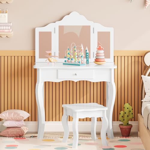 Luxstein Set de tocador Infantil con Taburete de Madera, 3 Espejos Ajustables, tocador de Princesa para habitación de niña, 70 x 35 x 104,5 cm, Blanco
