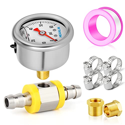 MEANLIN MEASURE 0-60Psi Stainless Steel Glycerin Filled Pressure Gauge 1/8" NPT 1.5" FACE DIAL, with 3/8" Barb Pressure Adapter Liquid Filled Pressure Gauge (9Pieces Kit, Back Mount)
