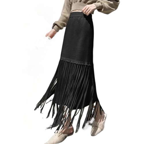 Ribbed Fringe Skirt A Line High Waist Wrap Knit Midi Bodycon Elegant Vintage Casual Streetwear Skirt