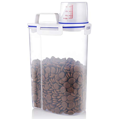Kytely Upgraded Airtight Pet Food Storage Container, Small Dog Food Container with Measuring Cup, Cat Food Container with Pour Spout, 4 Seal Buckles Food DispenserÂ for Regular Food, Dogs, Cats, Birds