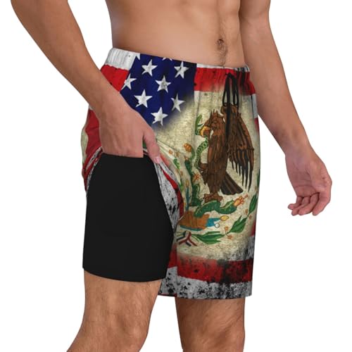 Combined Mexican Mexico Flag and USA Flag Men's Swimming Trunks Lightweight Breathable Beach Shorts Quick Dry Swim Shorts