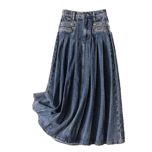 Women's Vintage Pleated Skirt Mid Length Zipper Denim High Waisted Long Casual Skirts3