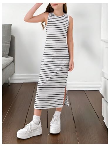 OYOANGLE Girl's Striped Print Open Back Midi Tank Dress Crew Neck Side Slit Dresses3