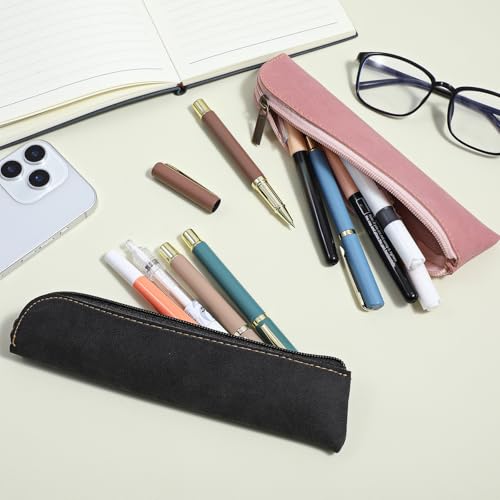 Image of simarro Leather Pencil Case, 2pcs Small Pencil Pouch Portable Zipper Bag Cute Slim Makeup Bag Soft Simple Office Stationery Pouches for Women Men Markers Change Coins(Black+Pinke)