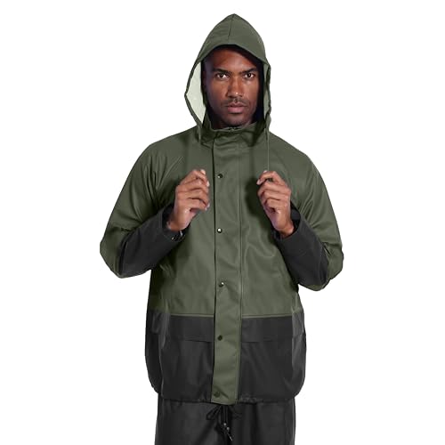 Image of Men's Workwear 3-Piece Waterproof PU Rain Suit Set | Hooded Jacket & Bib Pants, Sealed Seams, Storm Flap, Adjustable Suspenders, Flap Pockets, Outdoor Work, Fishing, Farming