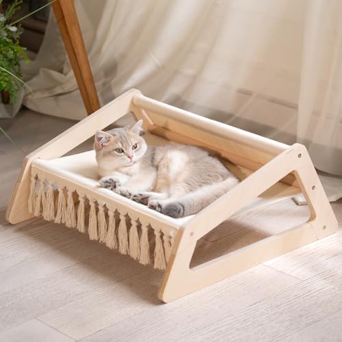 CheerPals Erhöhtes Katzenbett, Katzensofa aus Birke und Baumwollegewebe, 53 x48 cm Katzenstuhl zum Schlafen für Alle Katze, Katzenmöbel Geeignet...