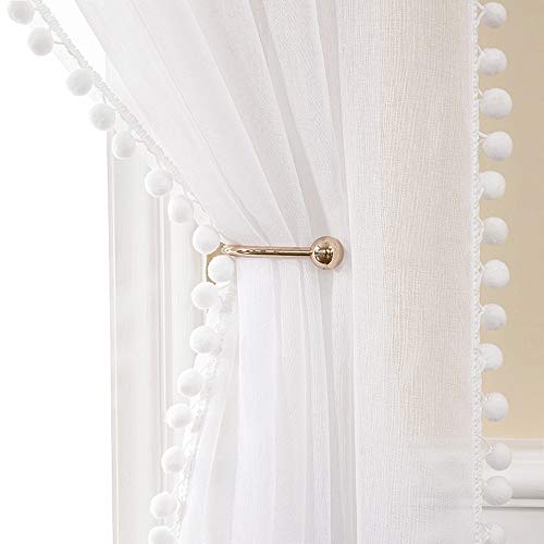 MIULEE Cortinas con Pompones-Transparente Cortinas Salon Blancas con Detalle 2 Piezas (2X140 x 225cm), Cortinas Dormitorio para Juvenil Niñas Habitacion, Visillos Translucidas Salon con Ollaos