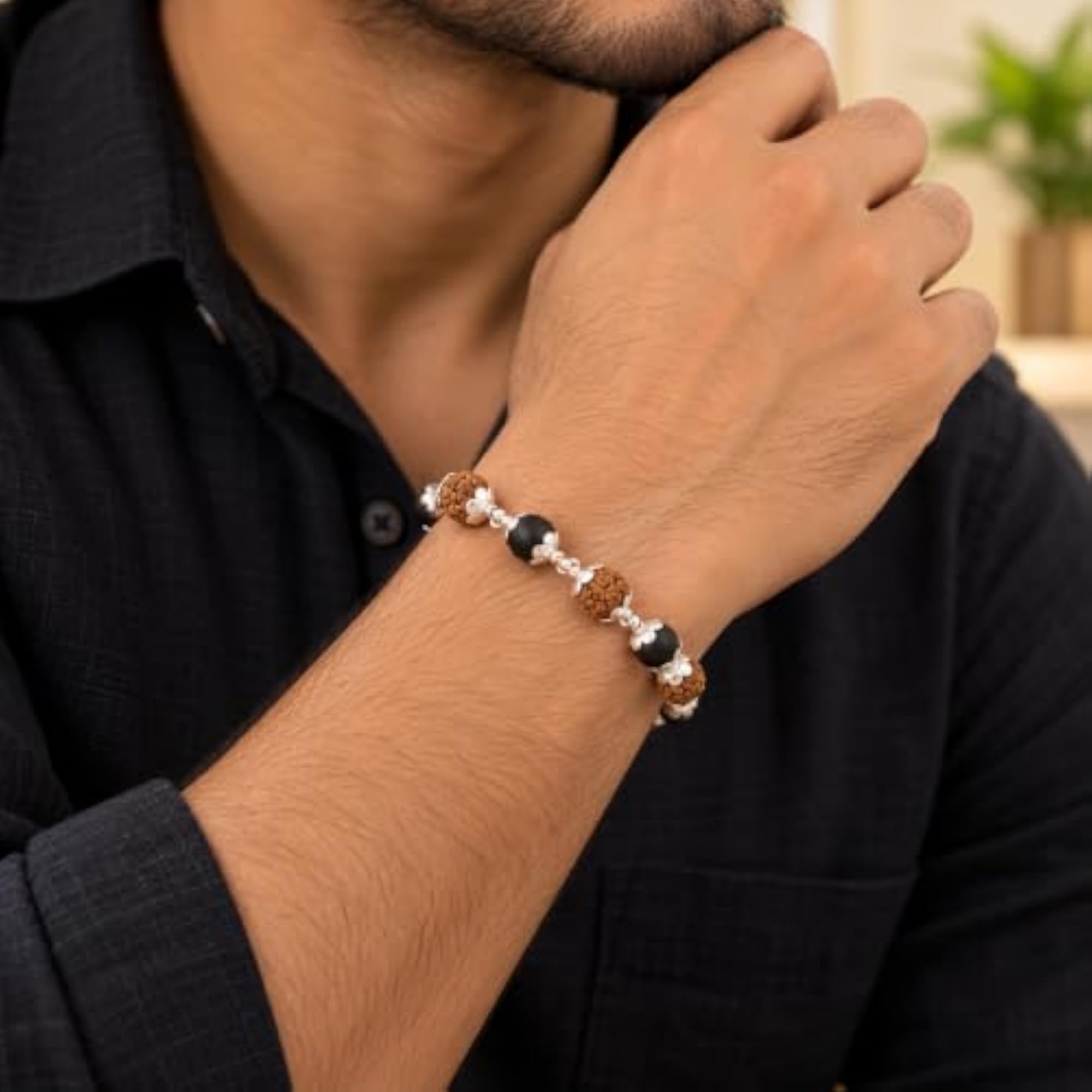 Women's 92.5 Silver Rudraksha Karungali Capped Adjustable Bracelet