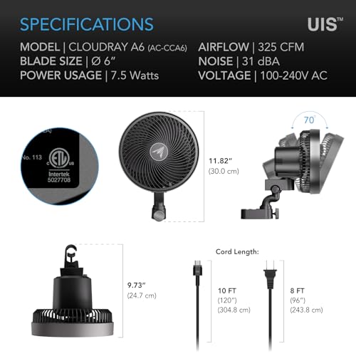 AC Infinity CLOUDRAY A6, Grow Tent Clip Fan 6” with 10-Speeds, EC-Motor, Weatherproof IP-44, Quiet Hydroponics Circulation Cooling (Black, Manual Swivel)