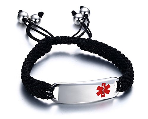 VNOX Free Engraving-Stainless Steel Medical Alert ID Tag Handmade Braided Bracelet,Adjustable 6.3