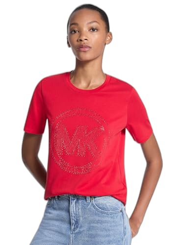 Michael Kors Women's Rhinestone Studded Circle MK Logo T Shirt, Crimson, X-Large