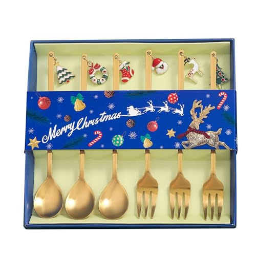 Juego de cubiertos navideños, Juego de tenedores navideños | Cucharas y tenedores portátiles de acero inoxidable de 6 piezas - Elegante juego de cubiertos de mesa, juego de utensilios de cocina