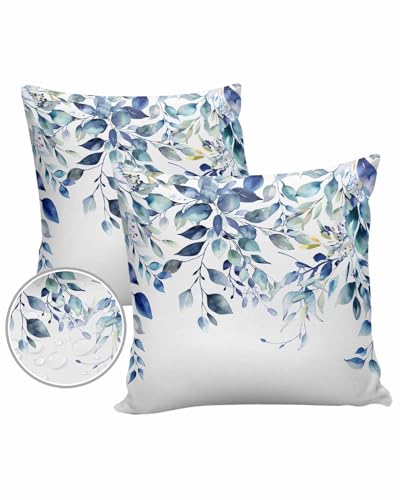 LBDecor Outdoor Throw Pillow Covers 20x20 Waterproof Eucalyptus Leaves Blue Outdoor Pillows Decorative Pillow Covers Cushion Covers Pillowcase for Tent Patio Garden Couch Set of 2, Sage Floral Flower