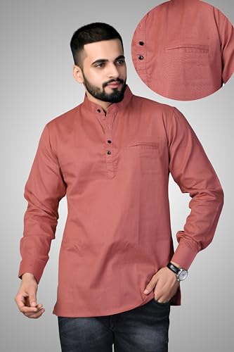 Image of Men's Cotton Regular Short Kurta | Casual & Ethnic Wear with Long Sleeve