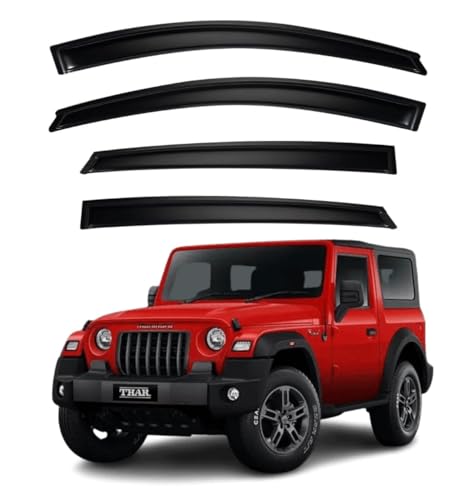 Image of Premium Smoke Car Door Visor Front+Rear Sun /Rain Guard Outside Mount Tape-On Window Visors Compatible with Mahin-dra Thar (2025-2026)