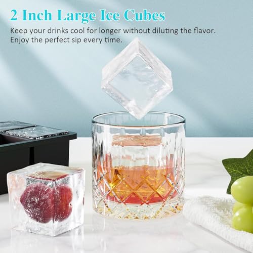 Image of Large Ice Cube Tray for Whiskey: Silicone Ice Cube Trays with Lid - 3Pack Big Square Old Fashioned Ice Cube Maker for Cocktail - 2inch Huge Cubed Ice Trays (Black+Sky+Purple(3pack)(6 Grid))