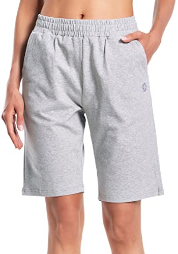 S Spowind Women's Bermuda Shorts Long Cotton Sweat Knit Shorts with Pockets Lounge Athletic Workout Gym Knee Length Light Grey