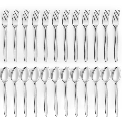 Image of Unokit 24-Piece Forks and Spoons Set - Forks and Spoons Food Grade Stainless Steel Silverware for Home, Kitchen and Restaurant, 12-Fork and 12-Spoon, Mirror Polished&Dishwasher Safe