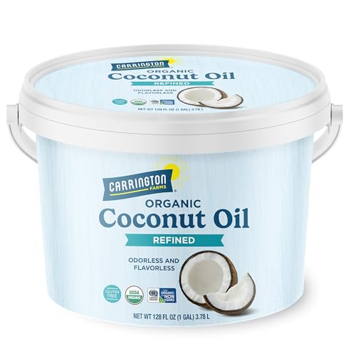 Image of Carrington Farms Organic Refined Coconut Oil, 1 Gallon, Cold-Pressed, Non-GMO, Gluten-Free, Perfect for Cooking, Baking, Skin Care, Hair Oil, MCTs, 128 fl oz - Nutrient-Rich, No Trans Fats