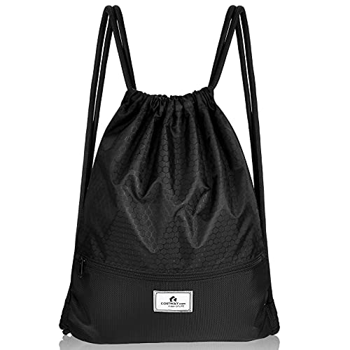 COSTWAY Drawstring Backpack, Folding Sports Gym Backpack with Zipper Pockets, String Cinch Bag for Gym Shopping Sport Yoga Beach Travel Camping Workout Gear (Black)