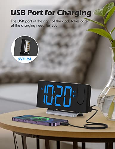Alarm Clock For Bedroom, Multifunctional Clock With Fm Radio & Projection, 0-100% Dimmer & Radio Volume, Curved Screen, Dual Alarms, Usb Charger, Crystal Led Display, 5 Alarm Sounds, Non-Slip Base #TOP4