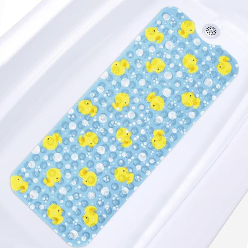 Image of Britown Cute Blue Duck Nursery Bath Mat Non Slip, Animal Yellow 40 X 16 Inch Extra Long Bathtub Shower Mat for Tub Anti Slip with Suction Cups and Drain Holes for Kid Adult Elderly