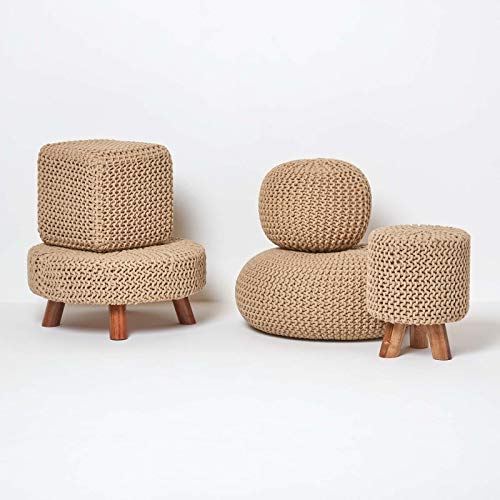 Pouf Rond Tressé Coton Beige 40cm Pieds Bois Homescapes