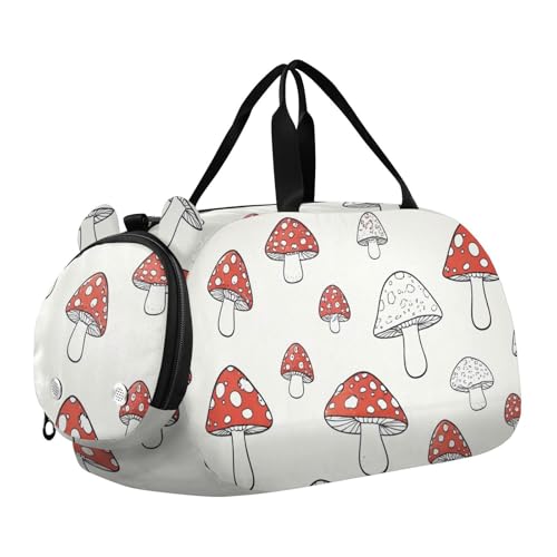 Cute Mushrooms Red White Duffle Bag for Girl, Sports Duffle Gym Bags with Shoe Compartment, Personalized Overnight Bag Travel Weekender for Kids