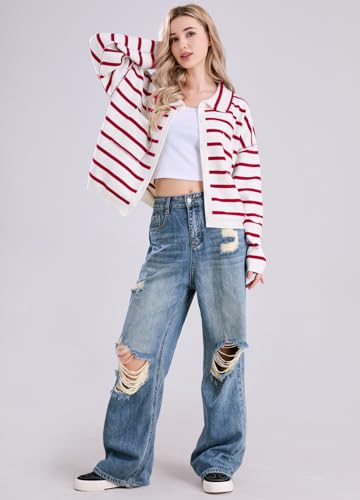 Image of chouyatou Women's Button Down Striped Cardigan Sweater Polo Collar Open Front Knit Jacket 2024 Fall Outfits