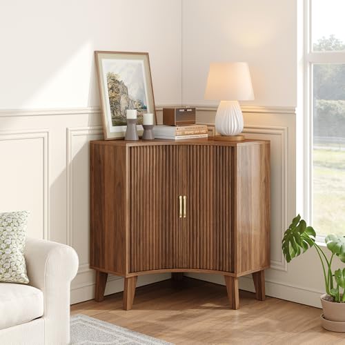Image of Fluted Corner Cabinet, Small Corner Floor Cabinet with 2-Sliding Doors and Adjustable Shelves, Freestanding Narrow Organizer for Small Space,Living Room, Dining RoomBathroom.Walnut
