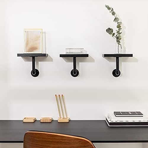 Navaris Industrial Pipe Shelf Set - 3 Small Wooden Shelves with Black Pipe Shelf Brackets - 15x20cm Wall-Mounted Wood Shelving - Size S, Black