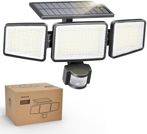 Philips Solar Security Light Outdoor Light 302 LEDs 1200lm,Solar-Powered Waterproof Wall-Mounted Flood Light w/PIR Motion Sensor, 3 Heads, IP65 Waterproof, 3 Modes (1 Pack)