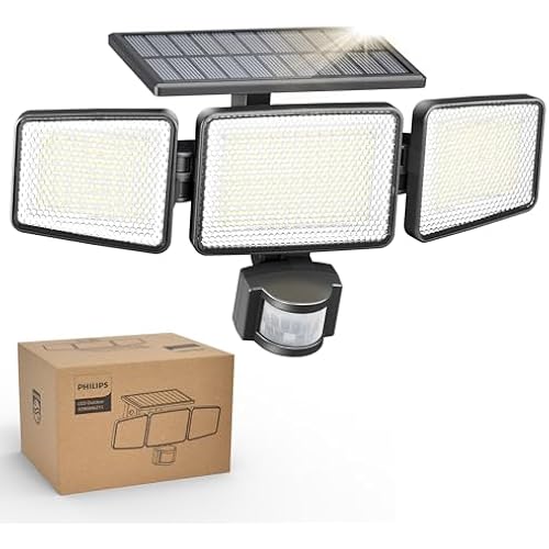 Philips Solar Security Light Outdoor Light 302 LEDs 1200lm，Solar-Powered Waterproof Wall-Mounted Flood Light w/PIR Motion Sensor, 3 Heads, IP65 Waterproof, 3 Modes (1 Pack)