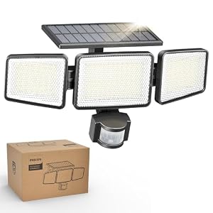 Philips Solar Security Light Outdoor Light 302 LEDs 1200lm, Solar-Powered Waterproof Wall-Mounted Flood Light w/PIR Motion Sensor, 3 Heads, IP65 Waterproof, 3 Modes (1)
