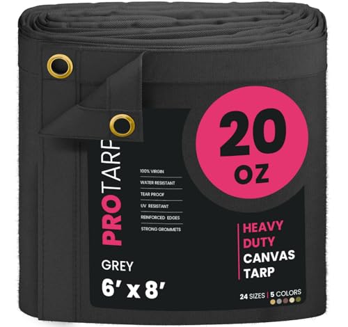 PROTARP Extreme Heavy Duty 20 OZ Water Resistant Canvas Tarp, UV Resistant Tarpaulin Cover with Rustproof Brass Grommets, Multipurpose for Canopy, Roof, Camping, Woodpile (Grey 6'X8')