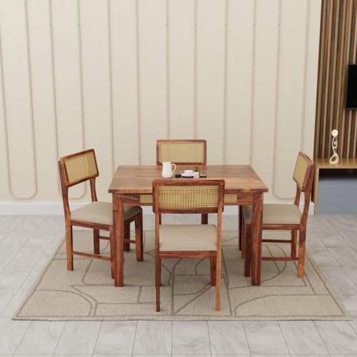 Image of Solid Sheesham Wood 4 Seater Dining Table Set for Home and Kitchen, Rattan Dining Table 4 Seater with Chairs Cane Furniture, Dining Set
