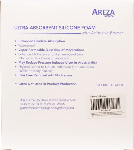 Ultra-Absorbent Silicone Foam Dressing With Border (Adhesive) Waterproof 4" X 4" (10 Cm X 10 Cm) (Central Ultra-Absorbent Foam 2.5" X 2.5") 10 Per Box (1) Wound Dressing By Areza Medical #TOP2