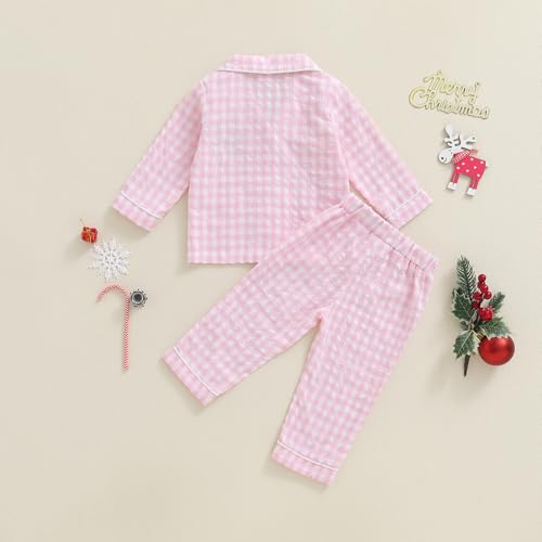 Multitrust Kids Baby Girls Boys Plaid Cotton Pajamas Set Long Sleeve Button Down Shirts Tops and Pants Gingham Pj Lounge Sets4