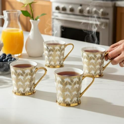 Image of Clay Craft Fine Ceramic Tea Cups Set of 6| 180 Ml Gold Print Cups with Handle | Elegant Design for Tea| Coffee| Home| Office & Gifting