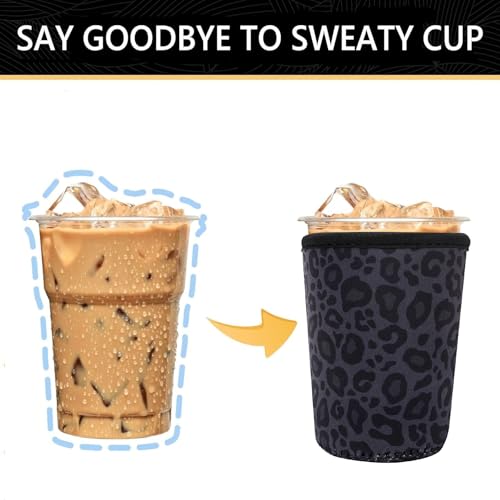Image of YR Reusable Neoprene Insulator Sleeve for Iced Coffee Cups, 3 Pack Coffee Coolies sleeves for Iced & Hot Drinks, Cold Beverage Cooler Compatible with Starbucks Coffee and More (Black Leopard Print)