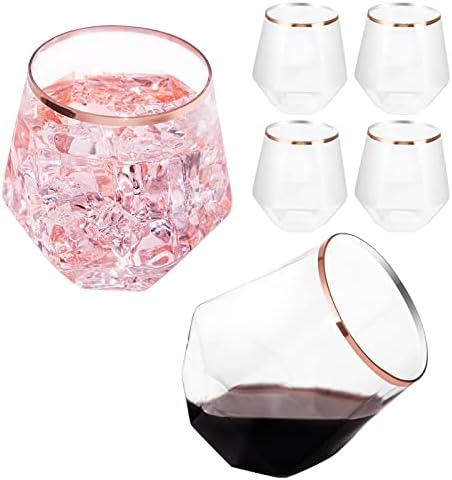 LUODA Rose Gold Diamond Shaped Plastic Stemless Wine Glasses Set of 24, Disposable 12 Oz Clear Plastic Whiskey Glasses for Birthday, Housewarming and Weddings