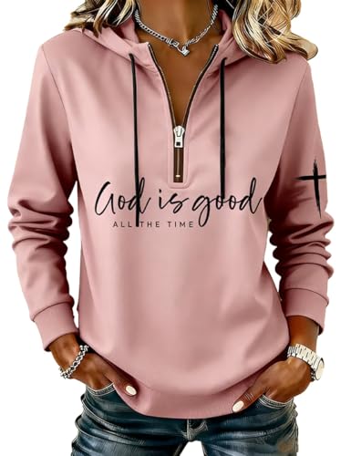 God Is Good All The Time Sweatshirt Women's Faith Print Casual V-Neck Long Sleeve T-Shirt Zip-Up Religious Christian Cross USA Faith Wear Without God I'm Nothing Patriot Hoodie Pink