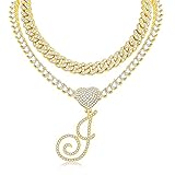 KOHOTA Gold Cuban Link Chain for Women Cursive Initial Pendant Necklace Layered Heart Shaped Zirconi