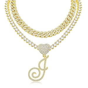 KOHOTA Gold Cuban Link Chain for Women Cursive Initial Pendant Necklace Layered Heart Shaped Zirconia Iced Out Chain Bling Necklace 24K Gold Plated Luxury Hip Hop Jewelry