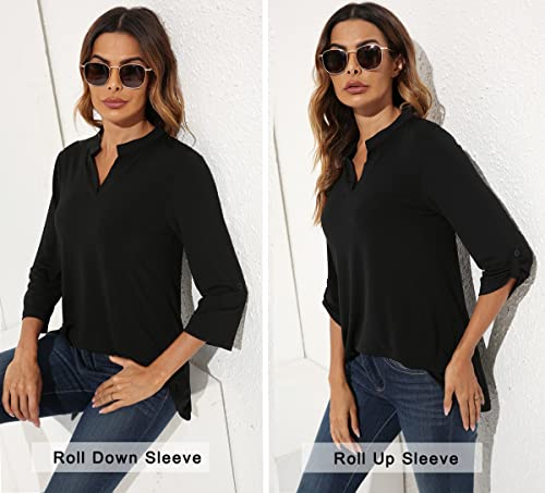 Zattcas ZA173BKXL Womens Floral Printed Tunic Shirts 3/4 Roll Sleeve Notch Neck Tunic Top,Solid Black,X-Large thumb #2