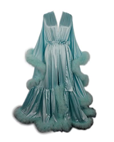 Old Hollywood Feather Robe Sexy Boudoir Robe Feather Bridal Robe Satin Long Wedding Scarf New Custom Made (M, Turquoise)